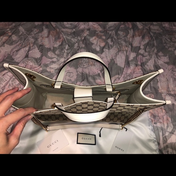 NWT Gucci Horsebit 1955 Large Tote Bag White Leather and Signature Canvas - Picture 6 of 15